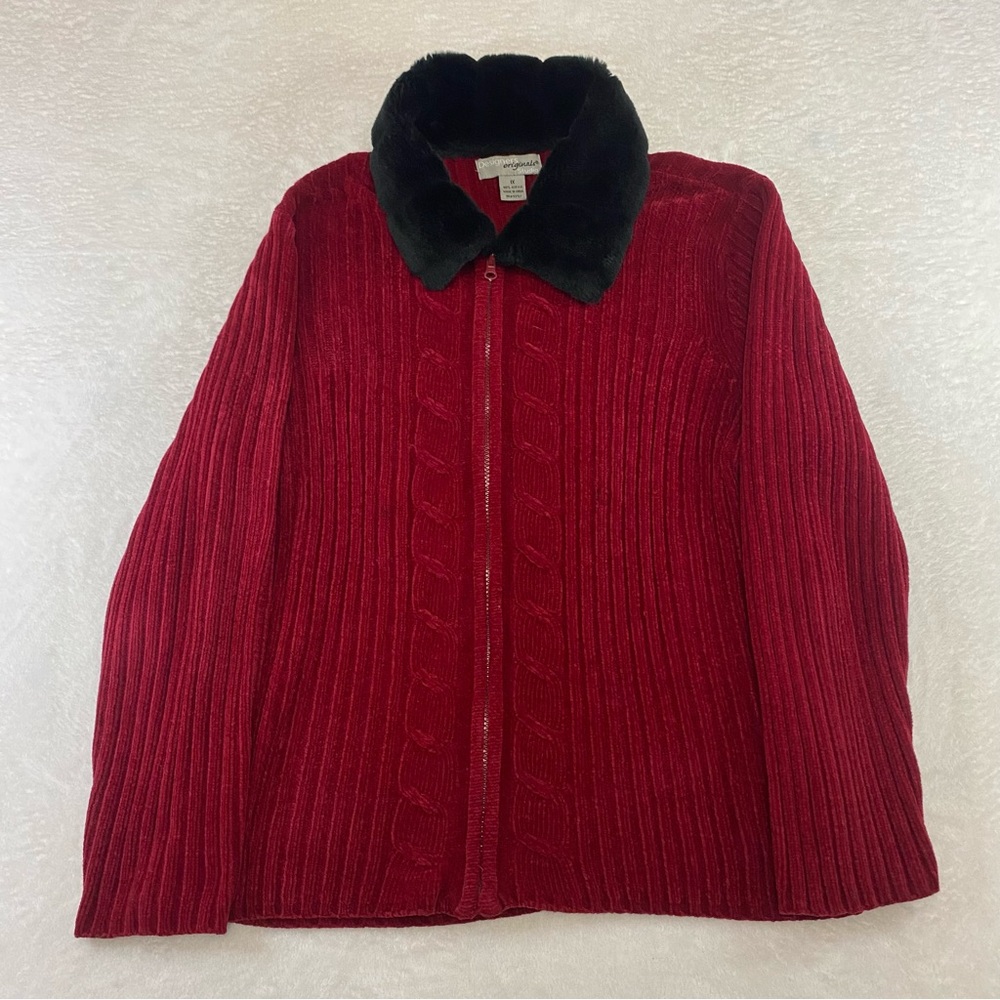 DESIGNERS ORIGINALS STUDIO Red Cardigan Sweater w/Faux Fur Collar Women's 1X